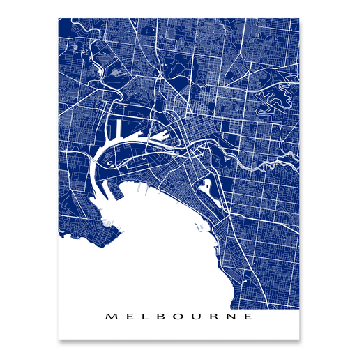 Melbourne, Australia map print with city streets and roads in Navy designed by Maps As Art.