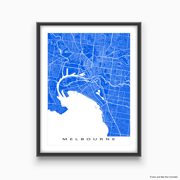 Melbourne, Australia map print with city streets and roads in Blue designed by Maps As Art.