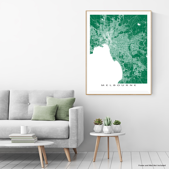 Melbourne, Australia regional map print with main roads in Green designed by Maps As Art.
