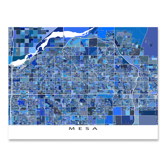 Mesa, Arizona map art print in blue shapes designed by Maps As Art.
