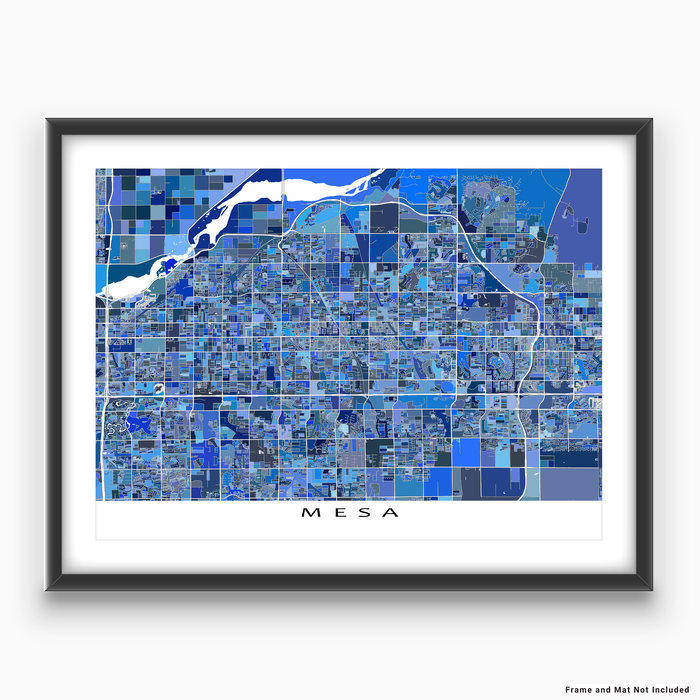 Mesa, Arizona map art print in blue shapes designed by Maps As Art.