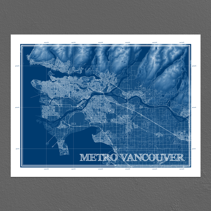 Metro Vancouver City Map Art Print Poster, BC Canada, Blueprint Design