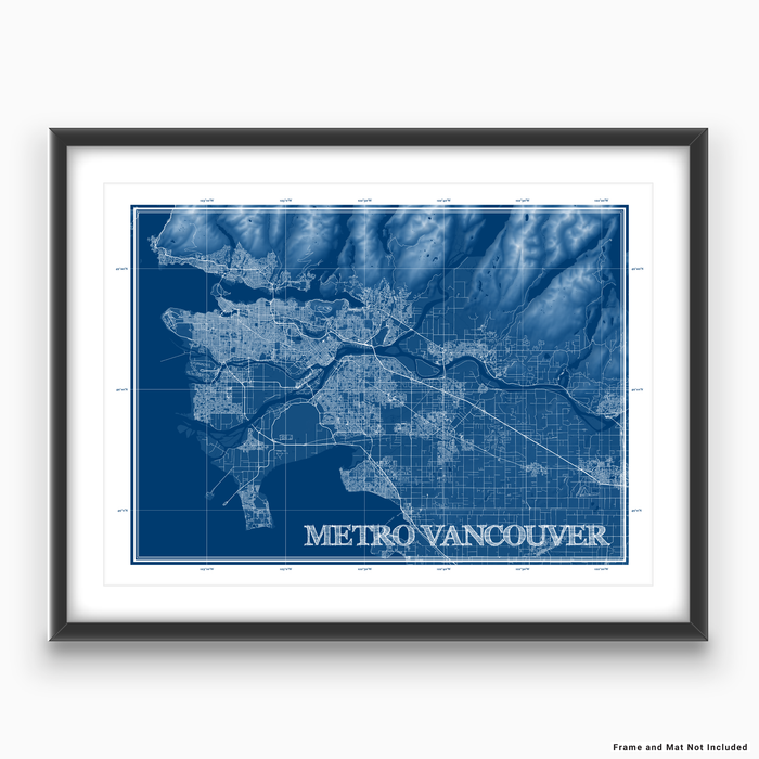 Metro Vancouver, BC, Canada blueprint map art print designed by Maps As Art.
