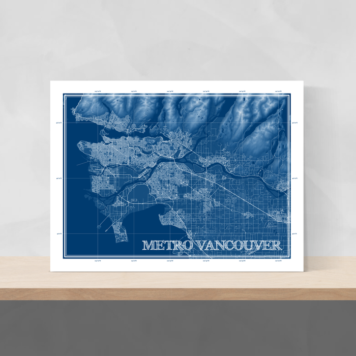 Metro Vancouver, BC, Canada blueprint map art print designed by Maps As Art.