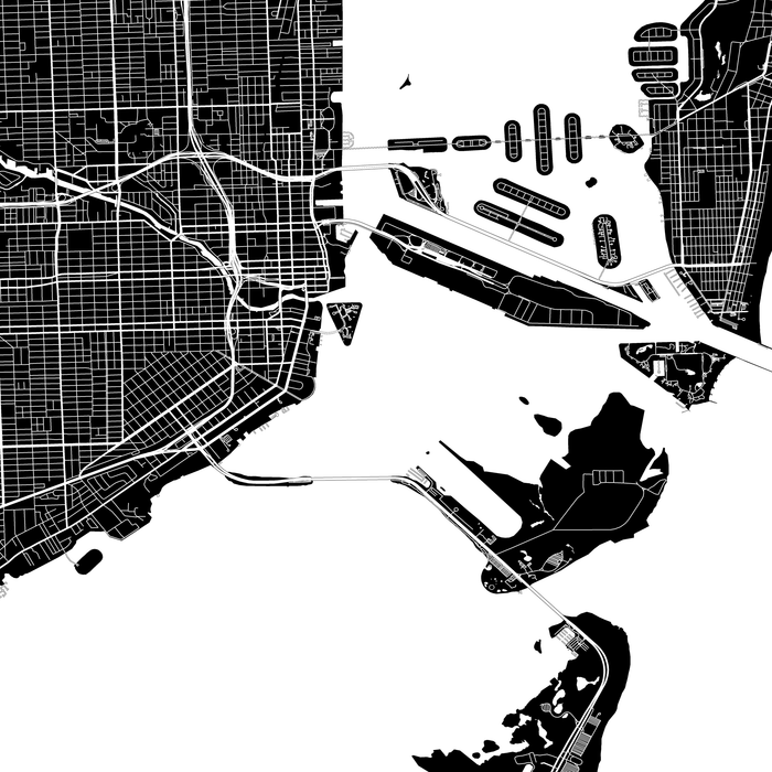 Miami, Florida map print close-up with city streets and roads designed by Maps As Art.