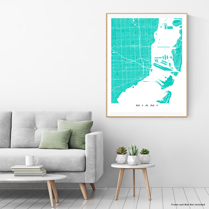 Miami, Florida map print with city streets and roads in Turquoise designed by Maps As Art.