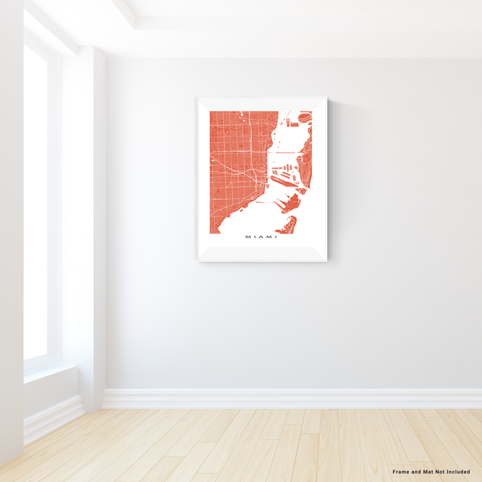 Miami, Florida map print with city streets and roads in Terracotta designed by Maps As Art.