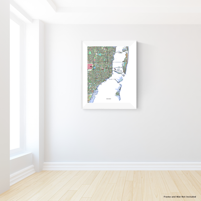 Miami, Florida map art print in colorful shapes designed by Maps As Art.