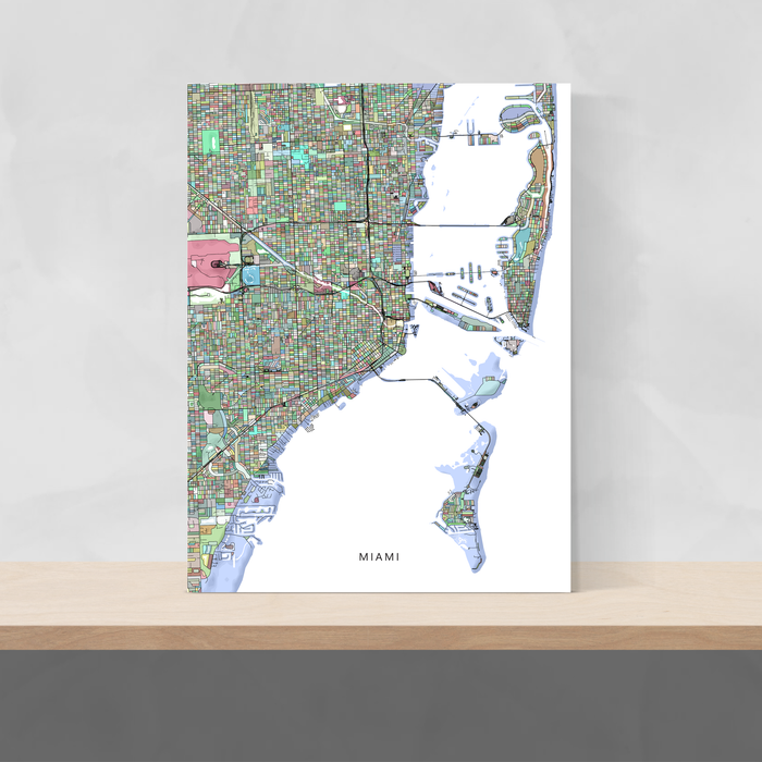 Miami, Florida map art print in colorful shapes designed by Maps As Art.