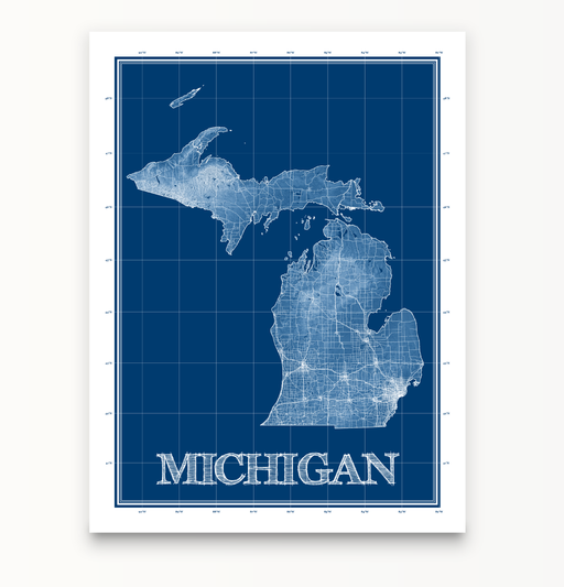 Michigan state blueprint map art print designed by Maps As Art.