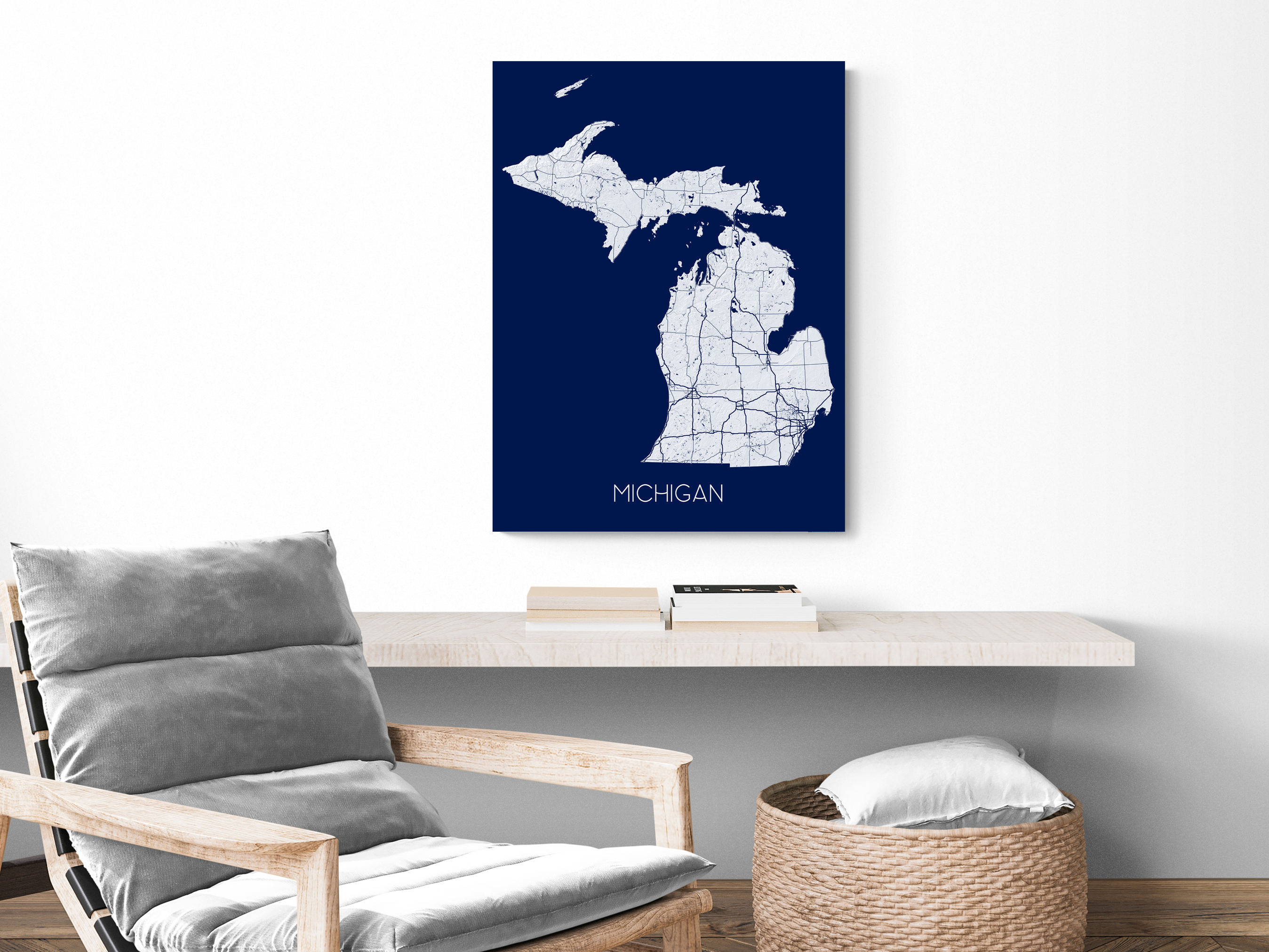 Michigan Map Print, MI State Wall Art Poster with Roads, Colorful Back ...