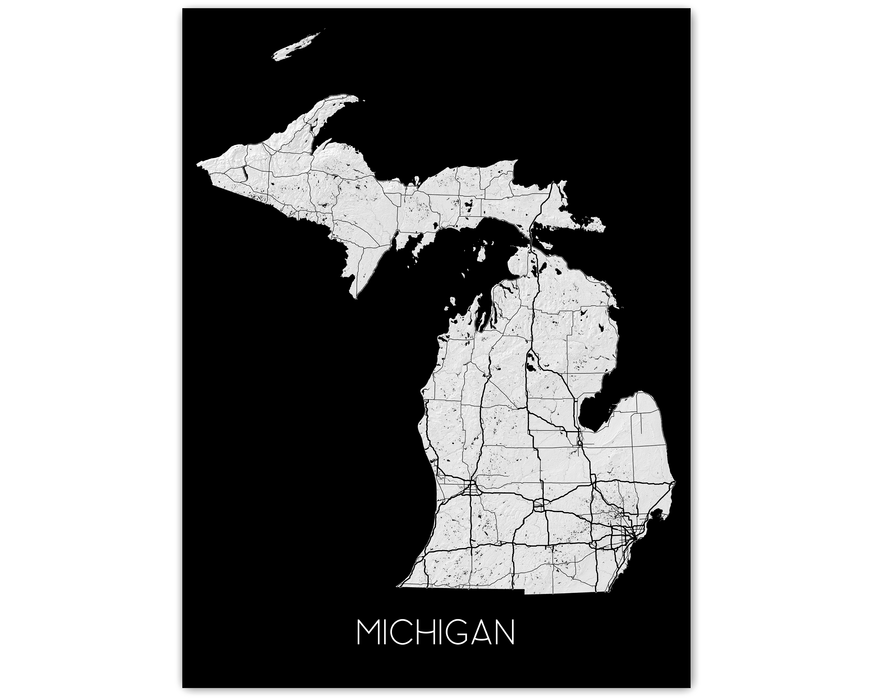 Michigan Map Print, MI State Wall Art Poster with Roads, Colorful Background