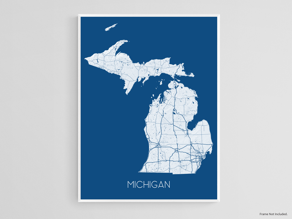 Michigan state map print with 3D topographic landscape features, main roads and a colorful background by Maps As Art.