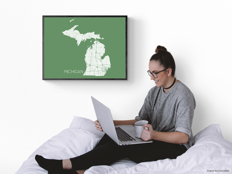 Michigan state map print with 3D topographic landscape features, main roads and a colorful background by Maps As Art.