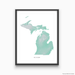 Michigan state map print with natural landscape in aqua tints designed by Maps As Art.