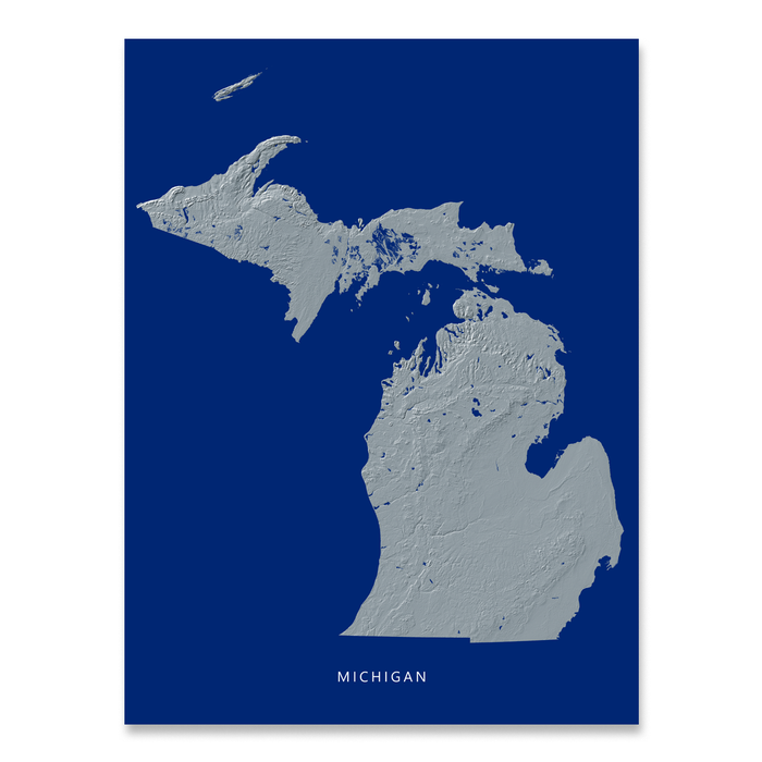 Michigan state map print with natural landscape in greyscale and a navy blue background designed by Maps As Art.
