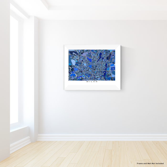 Milan, Italy map art print in blue shapes designed by Maps As Art.