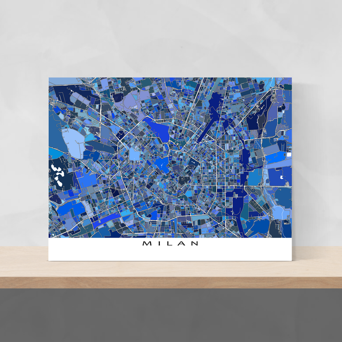 Milan, Italy map art print in blue shapes designed by Maps As Art.
