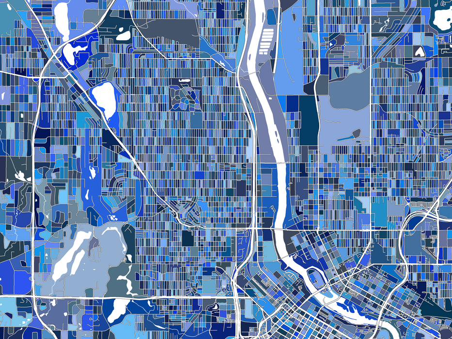Minneapolis, Minnesota map art print in blue shapes designed by Maps As Art.