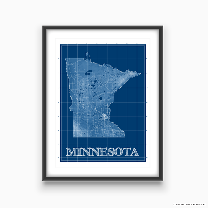 Minnesota state blueprint map art print designed by Maps As Art.