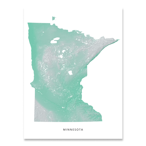 Minnesota state map print with natural landscape in aqua tints designed by Maps As Art.