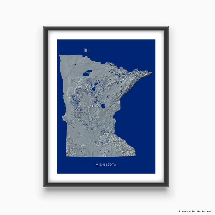 Minnesota state map print with natural landscape in greyscale and a navy blue background designed by Maps As Art.