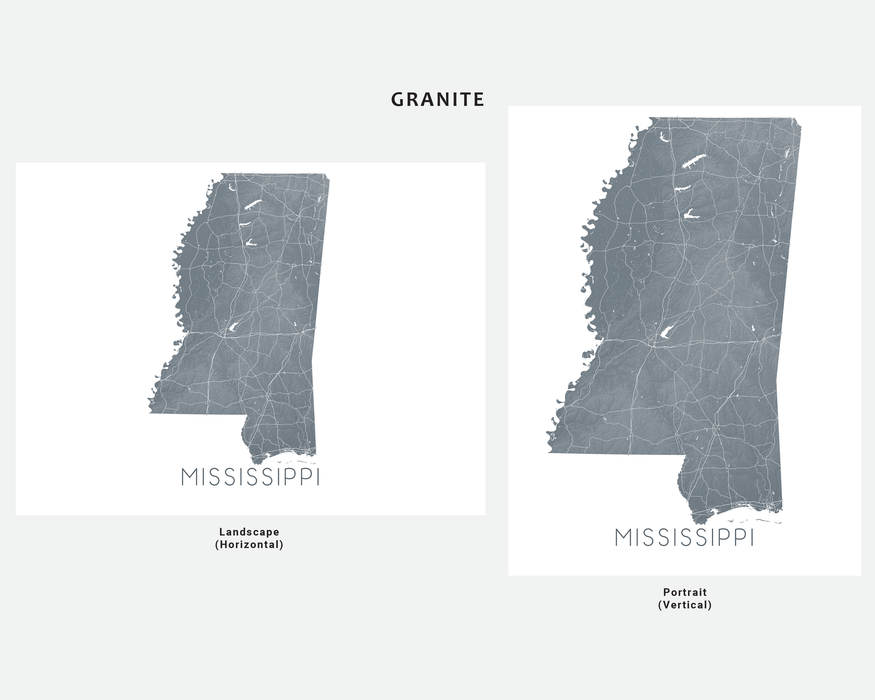 Mississippi state map print in Granite by Maps As Art.