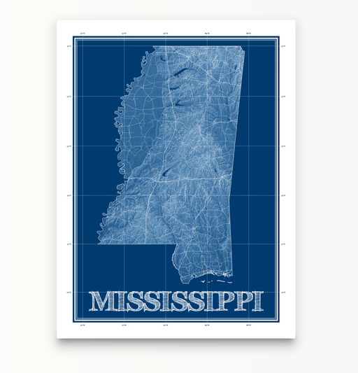 Mississippi state blueprint map art print designed by Maps As Art.