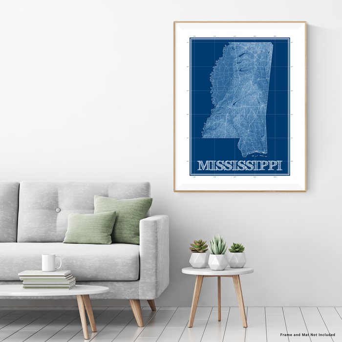 Mississippi state blueprint map art print designed by Maps As Art.