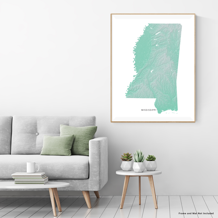 Mississippi state map print with natural landscape in aqua tints designed by Maps As Art