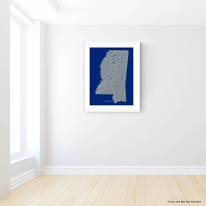 Mississippi state map print with natural landscape in greyscale and a navy blue background designed by Maps As Art.