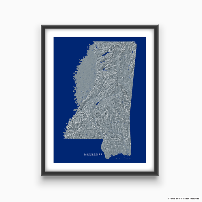 Mississippi state map print with natural landscape in greyscale and a navy blue background designed by Maps As Art.