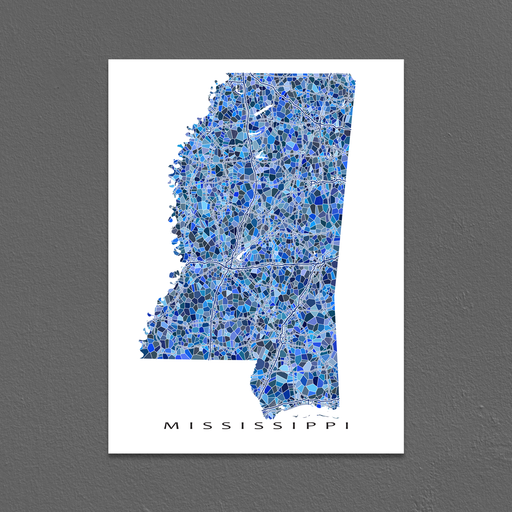 Mississippi state map art print in blue shapes designed by Maps As Art.