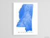 Mississippi state map print with natural landscape and main roads designed by Maps As Art.