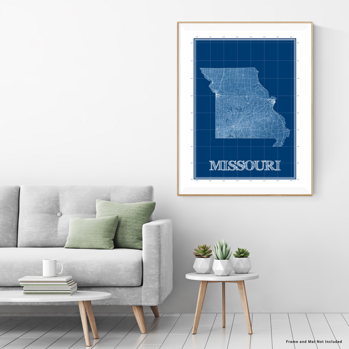 Missouri state blueprint map art print designed by Maps As Art.