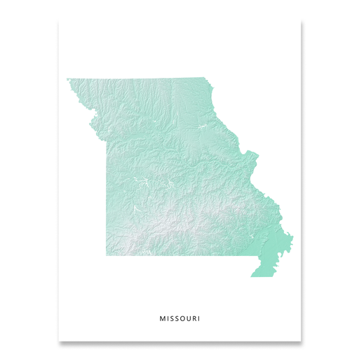 Missouri state map print with natural landscape in aqua tints designed by Maps As Art.