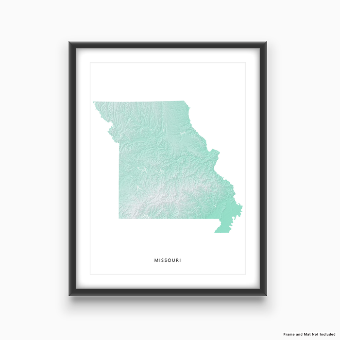 Missouri state map print with natural landscape in aqua tints designed by Maps As Art.