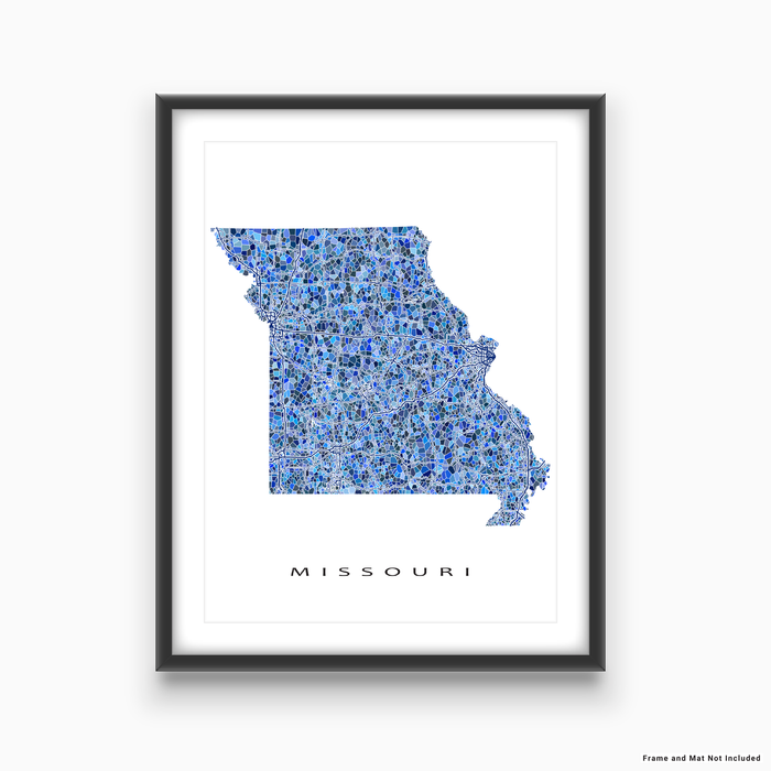 Missouri state map art print in blue shapes designed by Maps As Art.