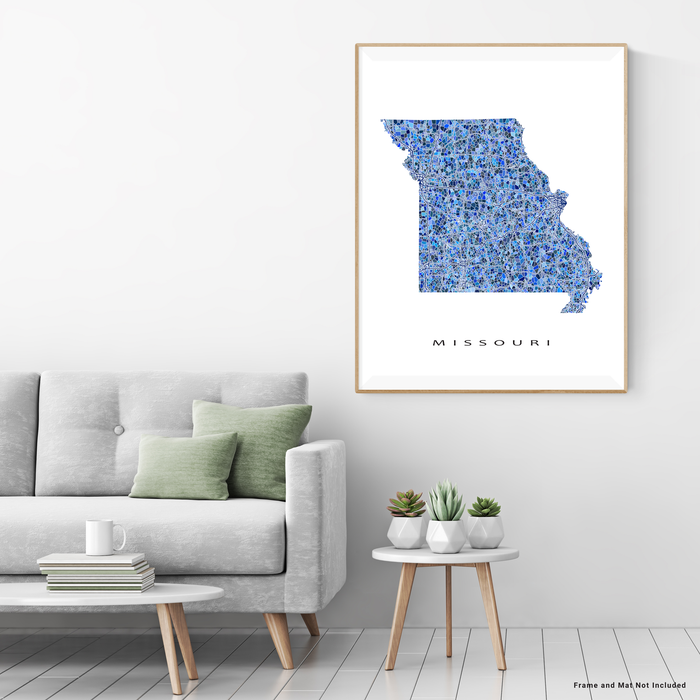Missouri state map art print in blue shapes designed by Maps As Art.