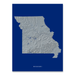 Missouri state map print with natural landscape in greyscale and a navy blue background designed by Maps As Art.