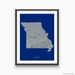 Missouri state map print with natural landscape in greyscale and a navy blue background designed by Maps As Art.