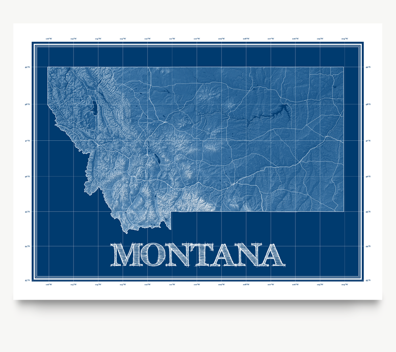 Montana state blueprint map art print designed by Maps As Art.