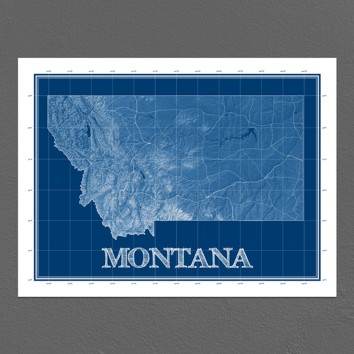 Montana state blueprint map art print designed by Maps As Art.