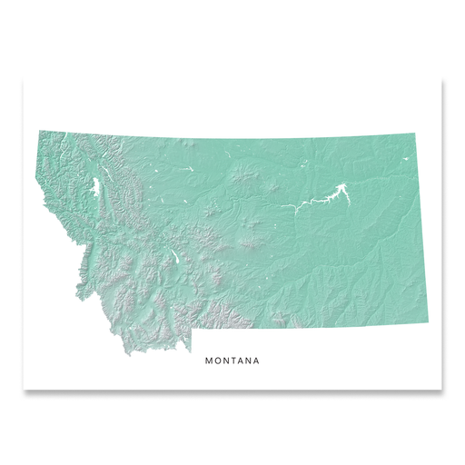 Montana state map print with natural landscape in aqua tints designed by Maps As Art.