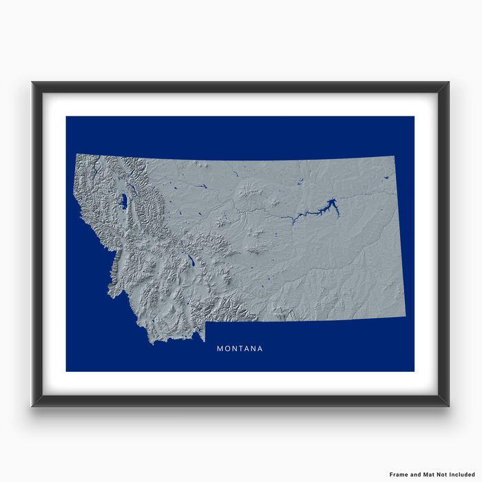 Montana state map print with natural landscape in greyscale and a navy blue background designed by Maps As Art.