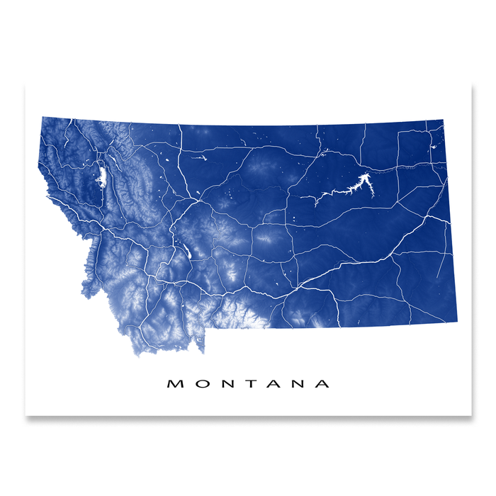 Montana state map print with natural landscape and main roads in Navy designed by Maps As Art.