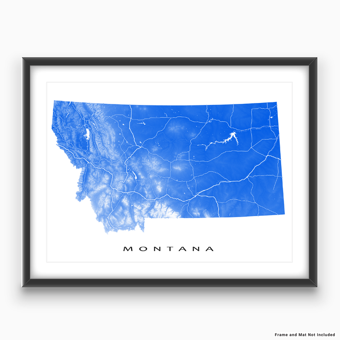 Montana state map print with natural landscape and main roads in Blue designed by Maps As Art.