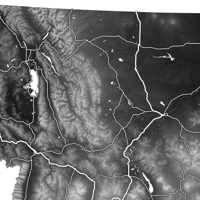 Montana state map print close-up with natural landscape and main roads designed by Maps As Art.