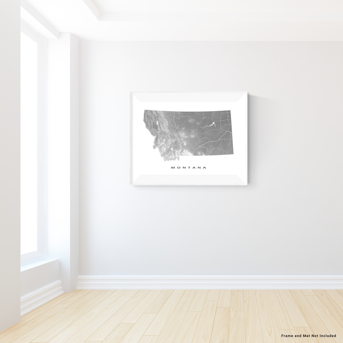 Montana state map print with natural landscape and main roads in Grey designed by Maps As Art.