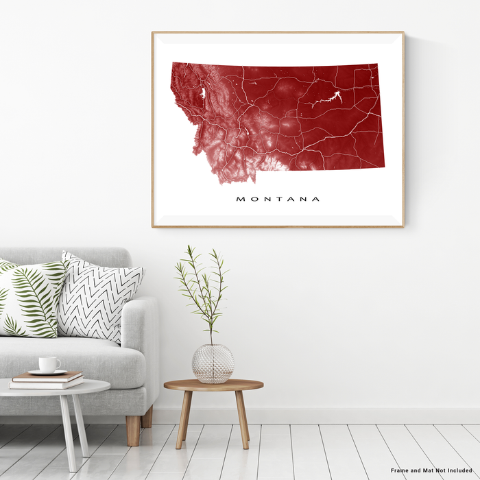 Montana state map print with natural landscape and main roads in Merlot designed by Maps As Art.